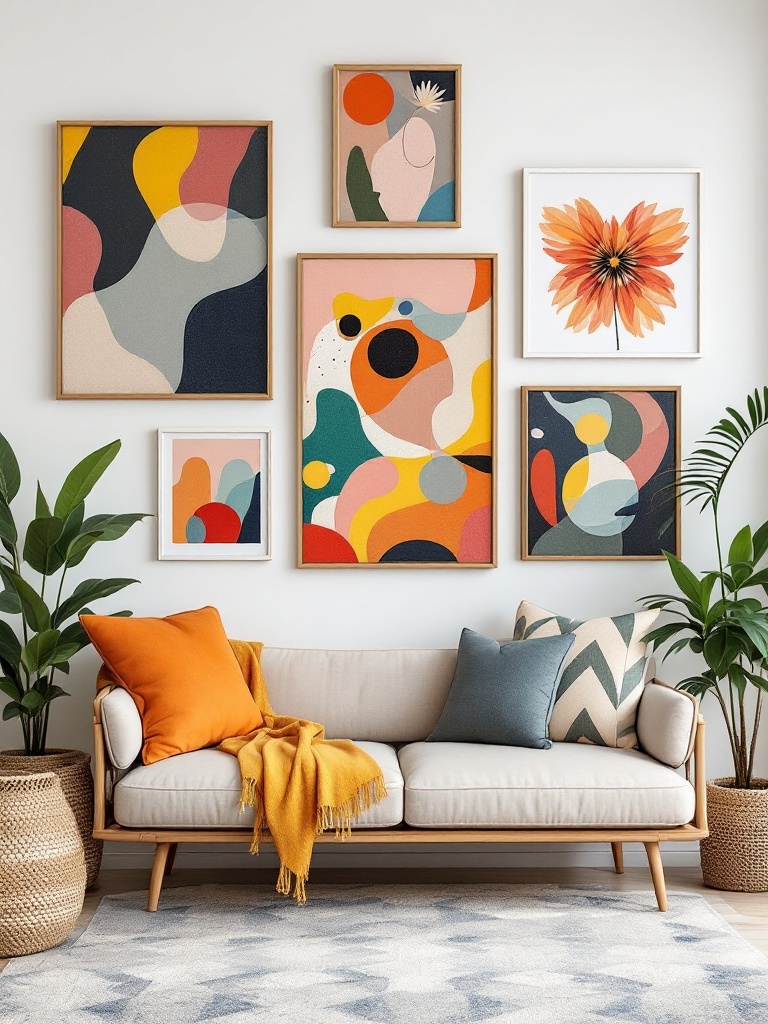 A vibrant wall art collection featuring diverse paintings, prints, and fabric art in various styles.