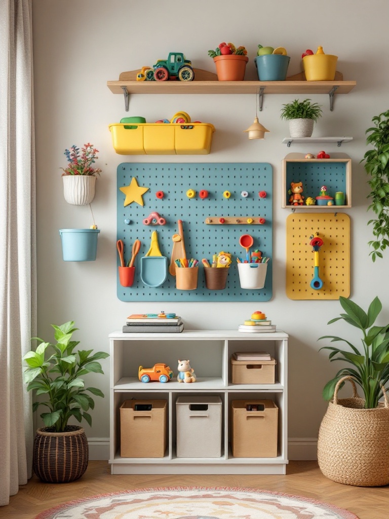 Colorful wall-mounted storage solutions in a playroom with shelves and bins for toys and books.