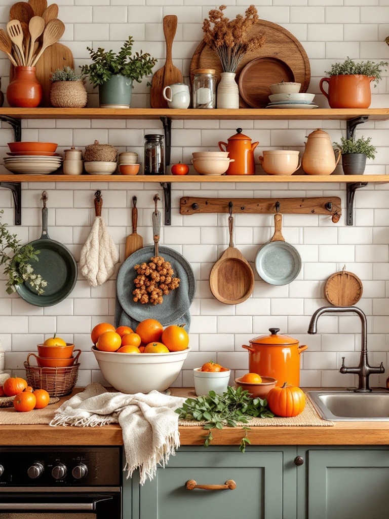 Warm-colored dishware, cozy throws, and rustic utensils create an inviting and comfortable kitchen space.