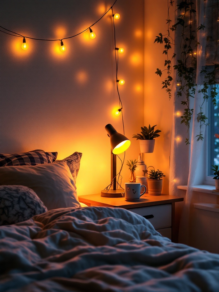 Cozy dorm room with warm lighting, string lights on walls, and an adjustable bedside table lamp.