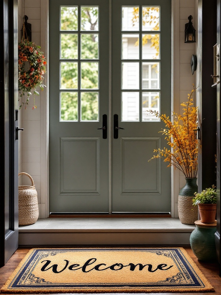 A welcoming doormat with a fun message layered on an outdoor rug at a home's entrance.