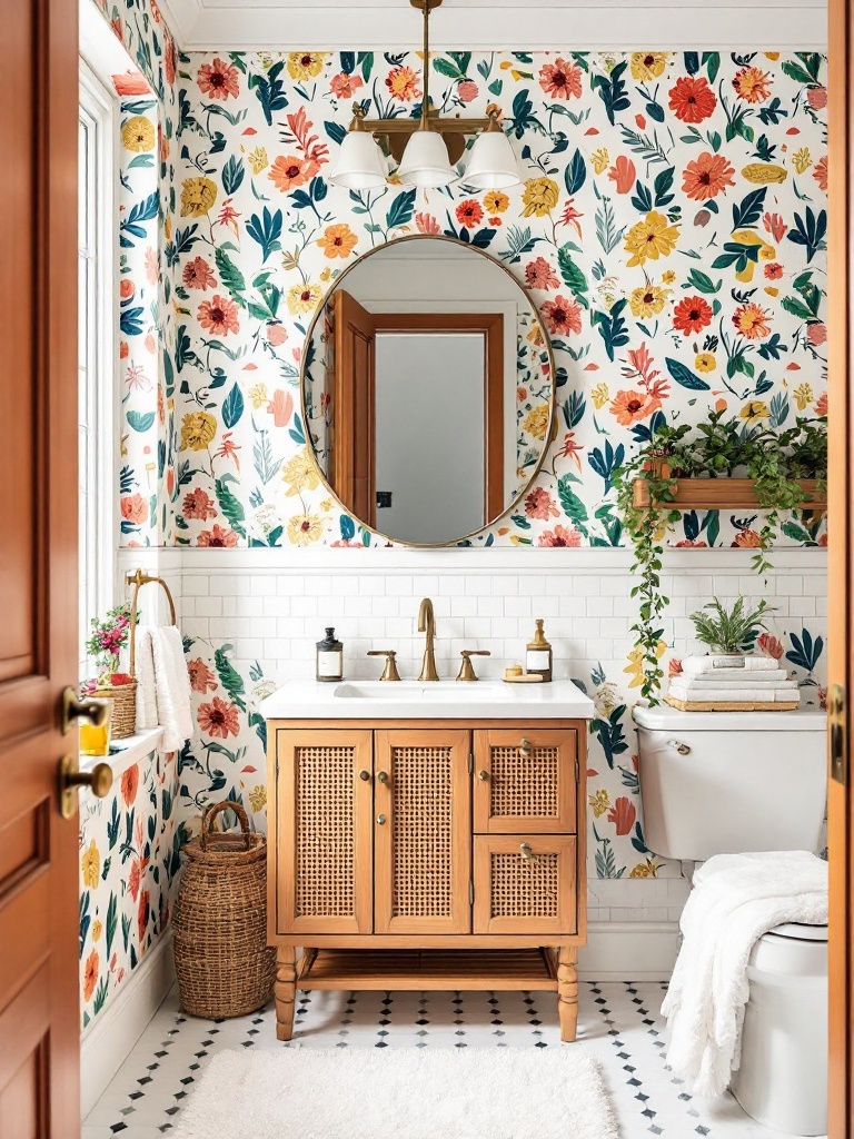 Whimsical wallpaper in a preppy bathroom featuring florals and geometric patterns for a playful vibe.