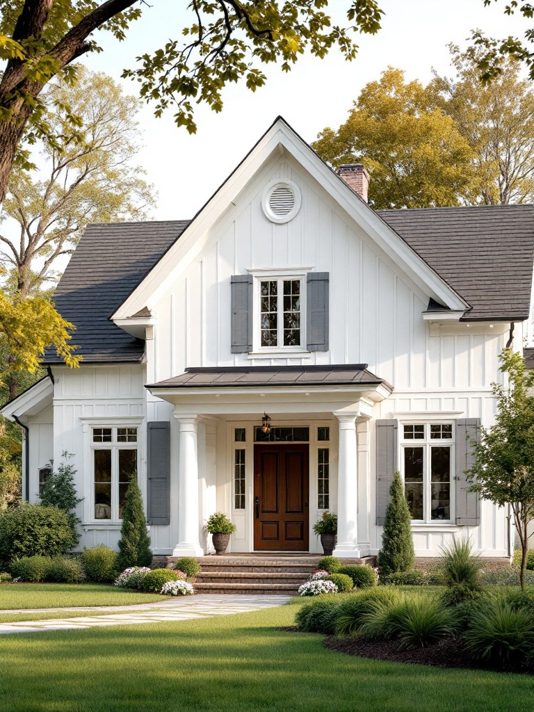 A white farmhouse featuring a classic gable roof, enhanced by landscaping and dormer windows for charm.