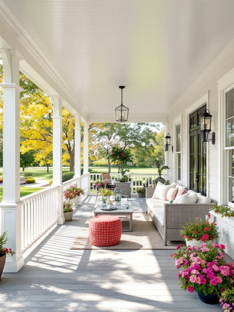A charming white farmhouse with a wrap-around porch, cozy seating, and flowering planters in lush surroundings.