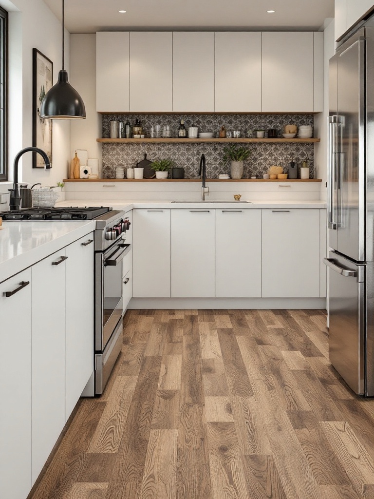 Wood-look ceramic tiles mimicking real wood, offering durability and various finishes for kitchens.