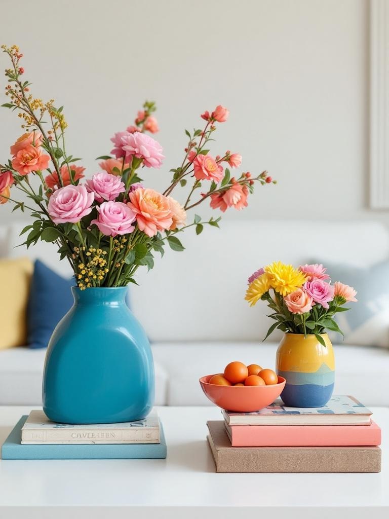 Colorful decorative accents in a living room, including books, bowls, and vases with flowers.