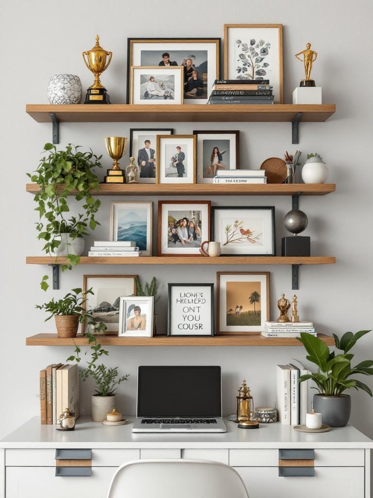 A personalized shelf with photos, artwork, and trophies, blending inspiration and practicality for study.