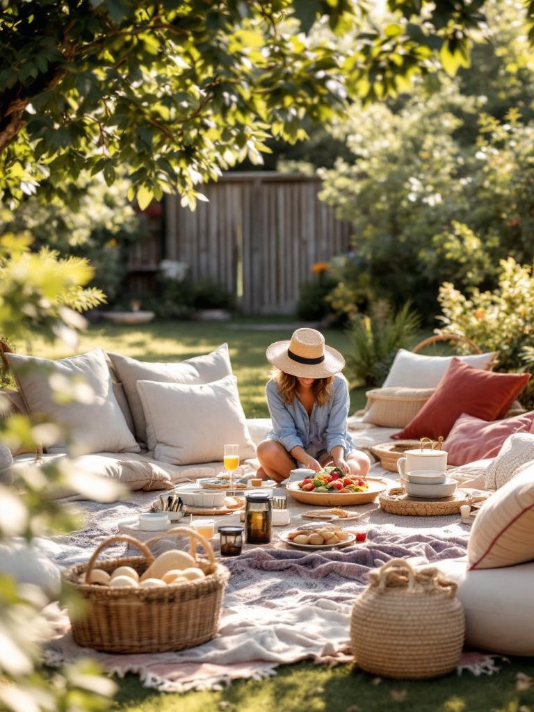 Cozy outdoor lounge with rugs, cushions, and low tables for a relaxed summer potluck picnic setup.