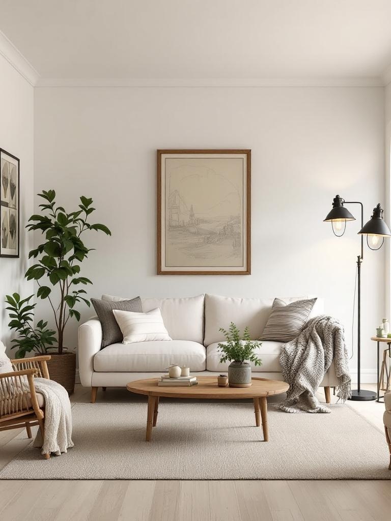 Cozy farmhouse living room with soft ambient lighting from vintage chandeliers and warm floor lamps.