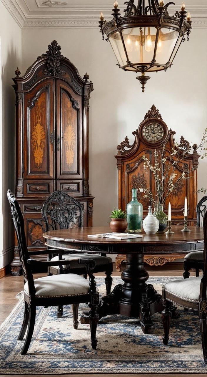 Antique furniture featuring ornate designs, adding timeless charm to a castlecore aesthetic home.