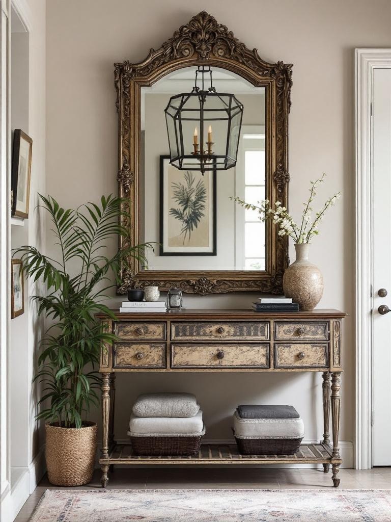 Antique mirrors enhancing an entryway with historical charm, contrasting modern elements for sophistication.