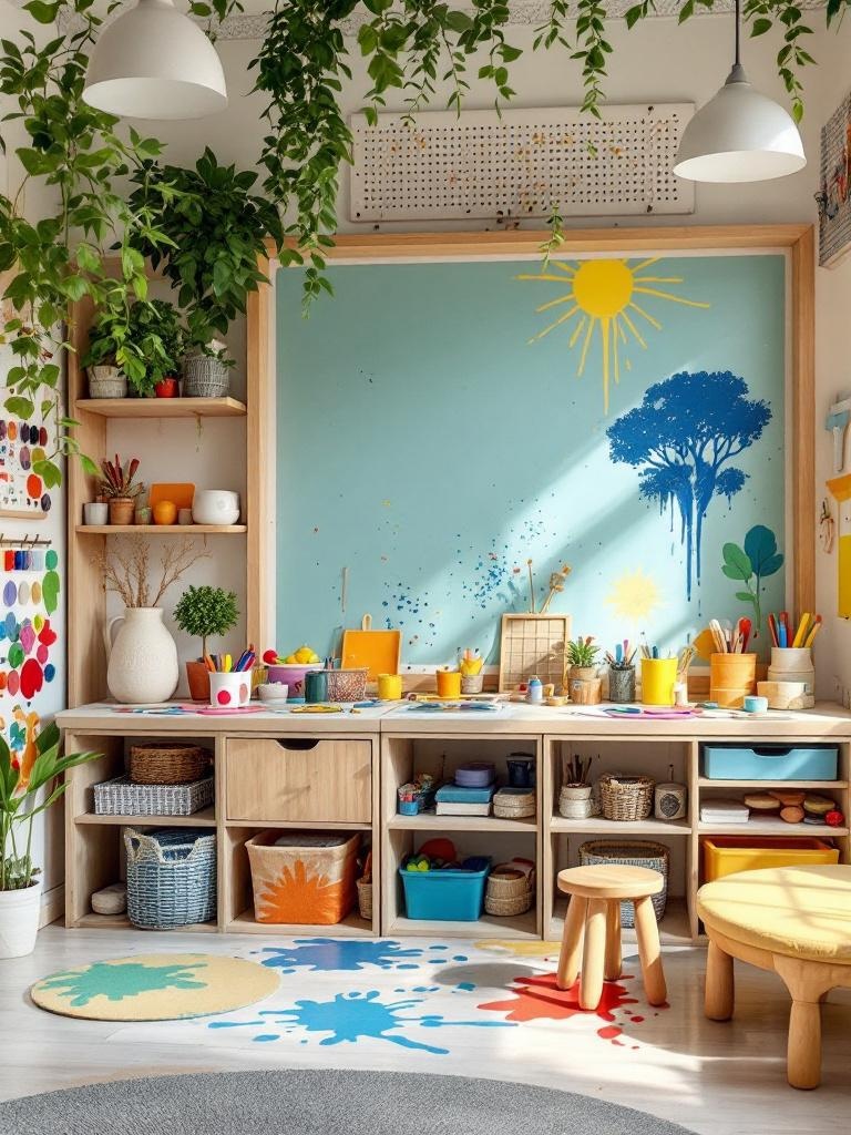 Children's art station with paints, colored paper, and craft supplies for creativity and self-expression.