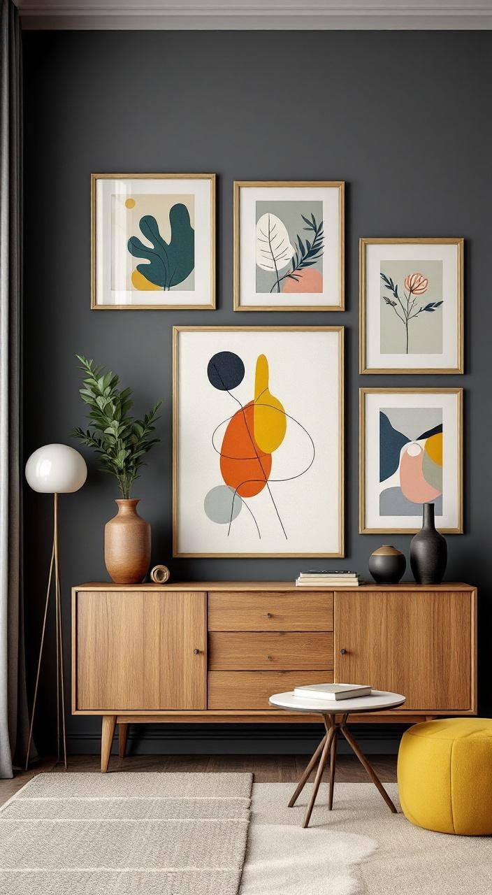Mid-century modern decor featuring bold abstract artwork and minimalist frames in a gallery display.