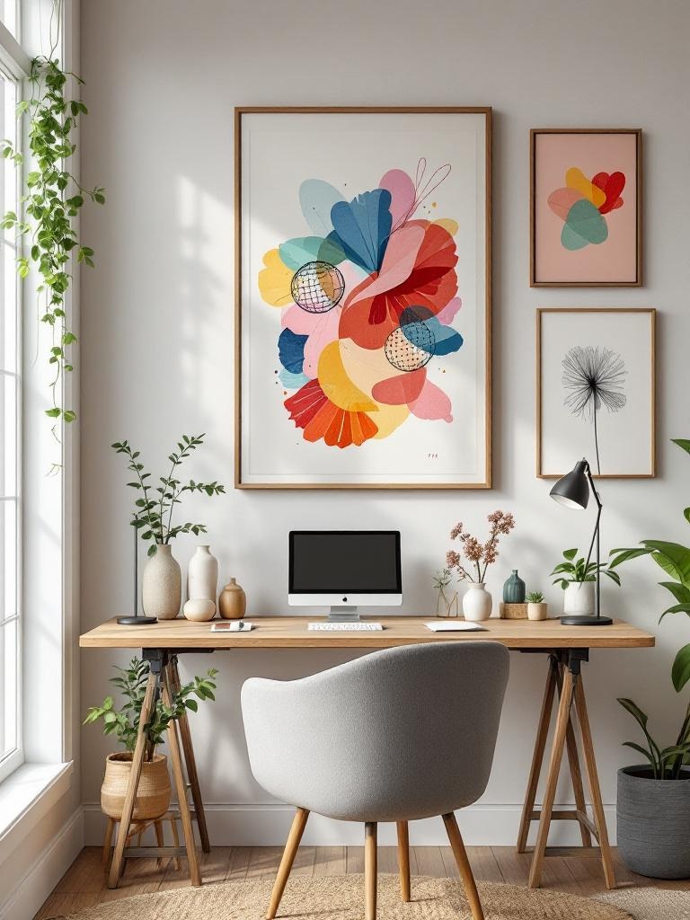 A vibrant home office with artwork on the walls and sculptures on the desk, inspiring creativity.