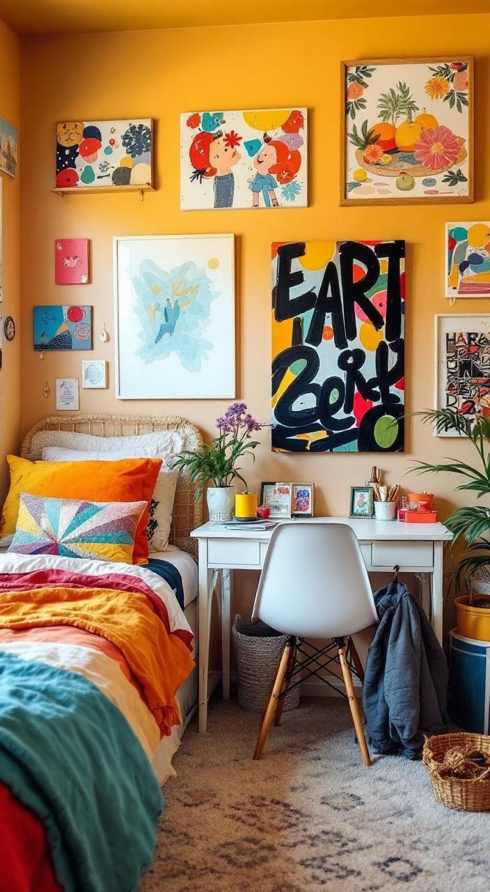 Artsy dorm room with vibrant colors, unique decor, and personal artwork for creative self-expression.