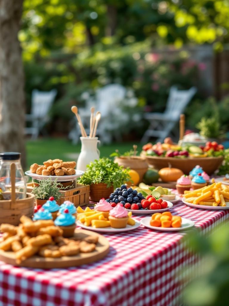 BBQ cookout with grilled food, blue and pink cupcakes, red and white tablecloths, outdoor games.