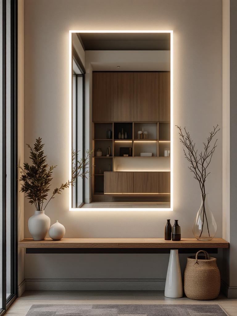 A modern backlit mirror in an entryway, enhancing visibility and creating a welcoming ambiance.