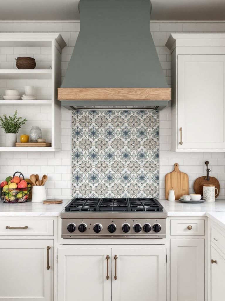A modern farmhouse kitchen showcasing a distinctive backsplash with bold mosaic and rustic materials.