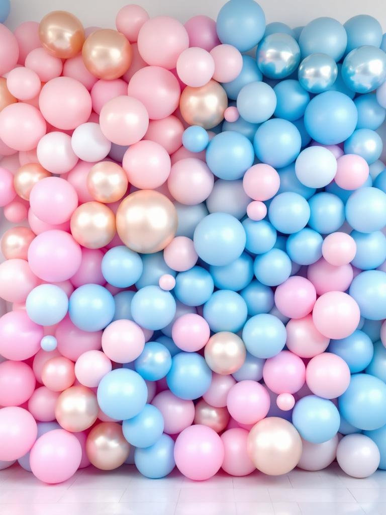 A colorful balloon wall backdrop for a gender reveal party with blue and pink balloons and textures.