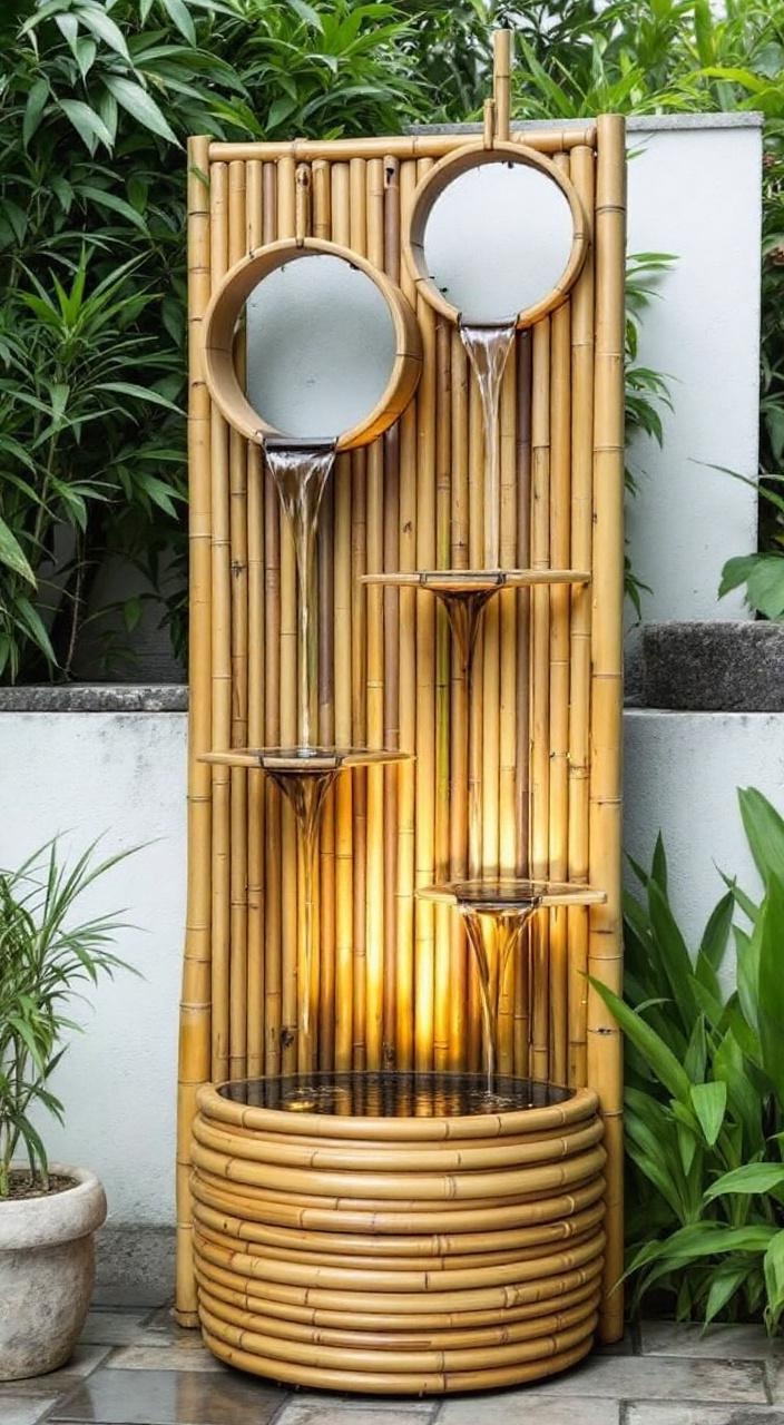 A bamboo water fountain surrounded by greenery, creating a serene and natural outdoor atmosphere.