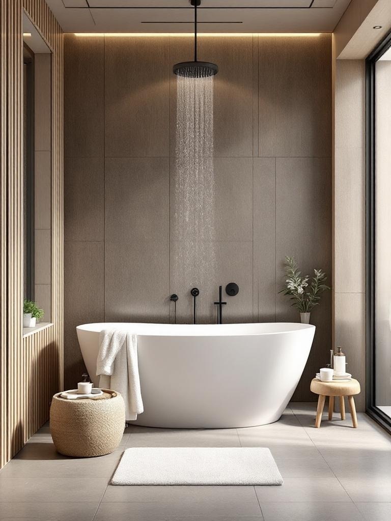 Scandinavian bathroom with freestanding tub, natural wood, stone, and rainfall shower for relaxation.