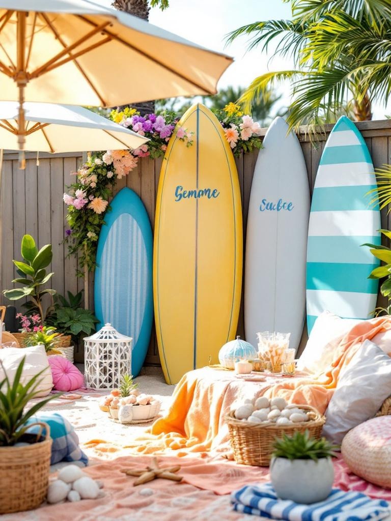 Beach bash gender reveal with umbrellas, sand, seashells, surfboards, and cozy picnic setup.