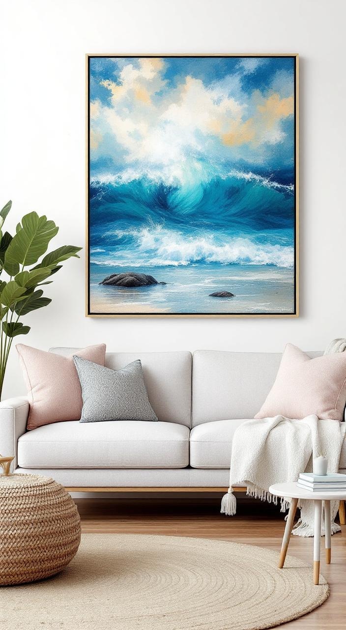 Beach-inspired artwork in a coastal living room showcasing landscapes, sea creatures, and abstract designs.