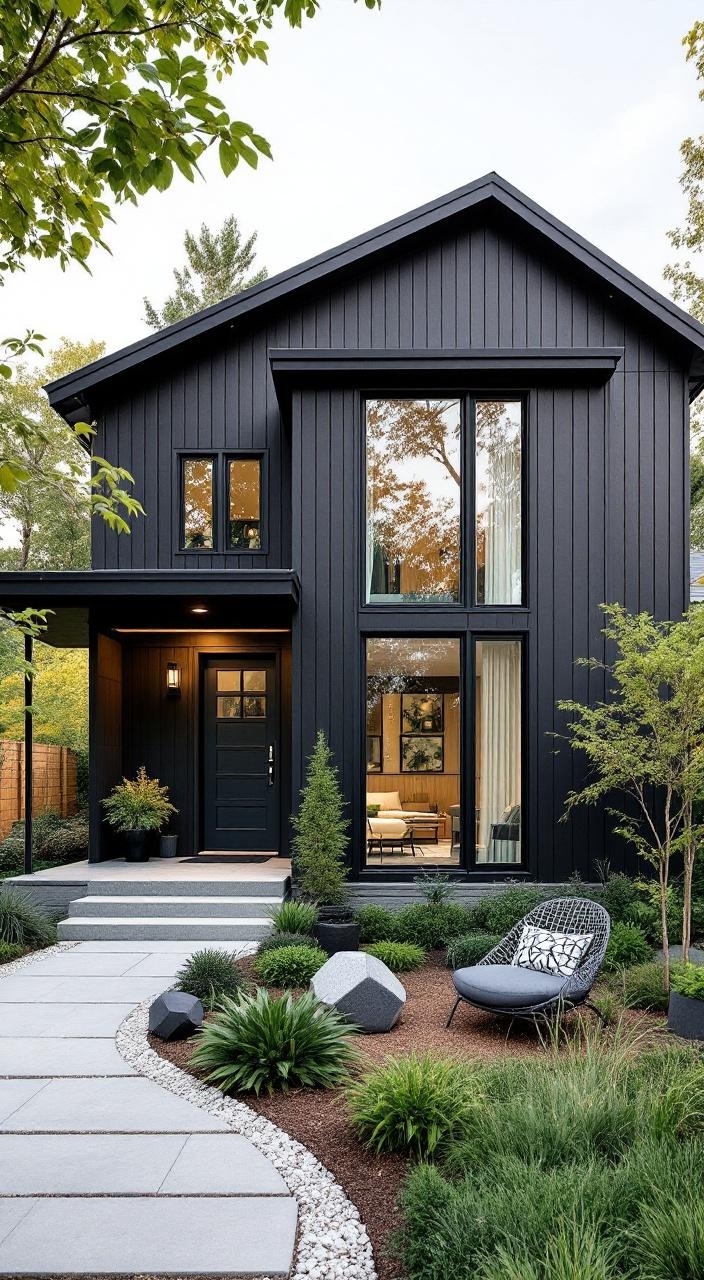 Charcoal house exterior with black trim and modern landscaping featuring geometric planters and furniture.