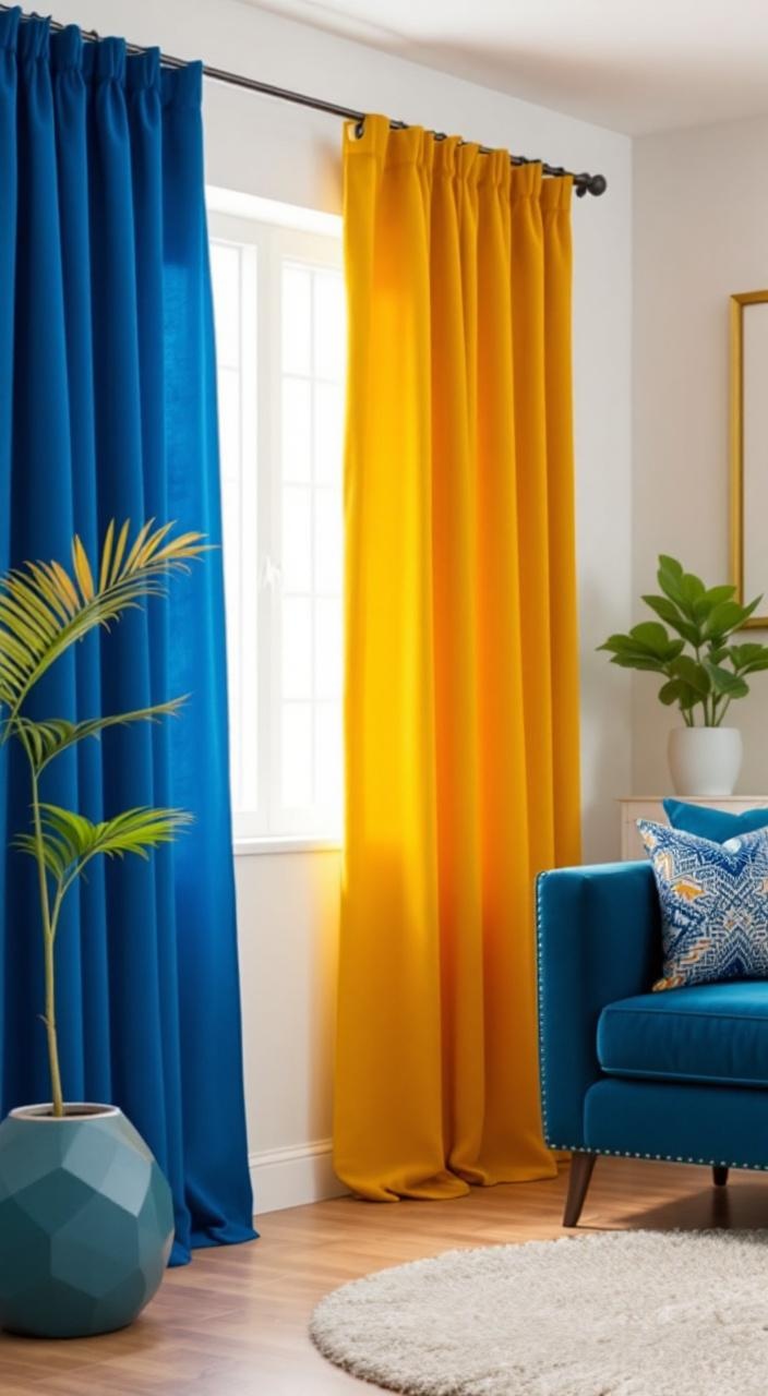 Bold, vibrant living room curtains in rich colors like crimson, mustard, and cobalt blue add personality.