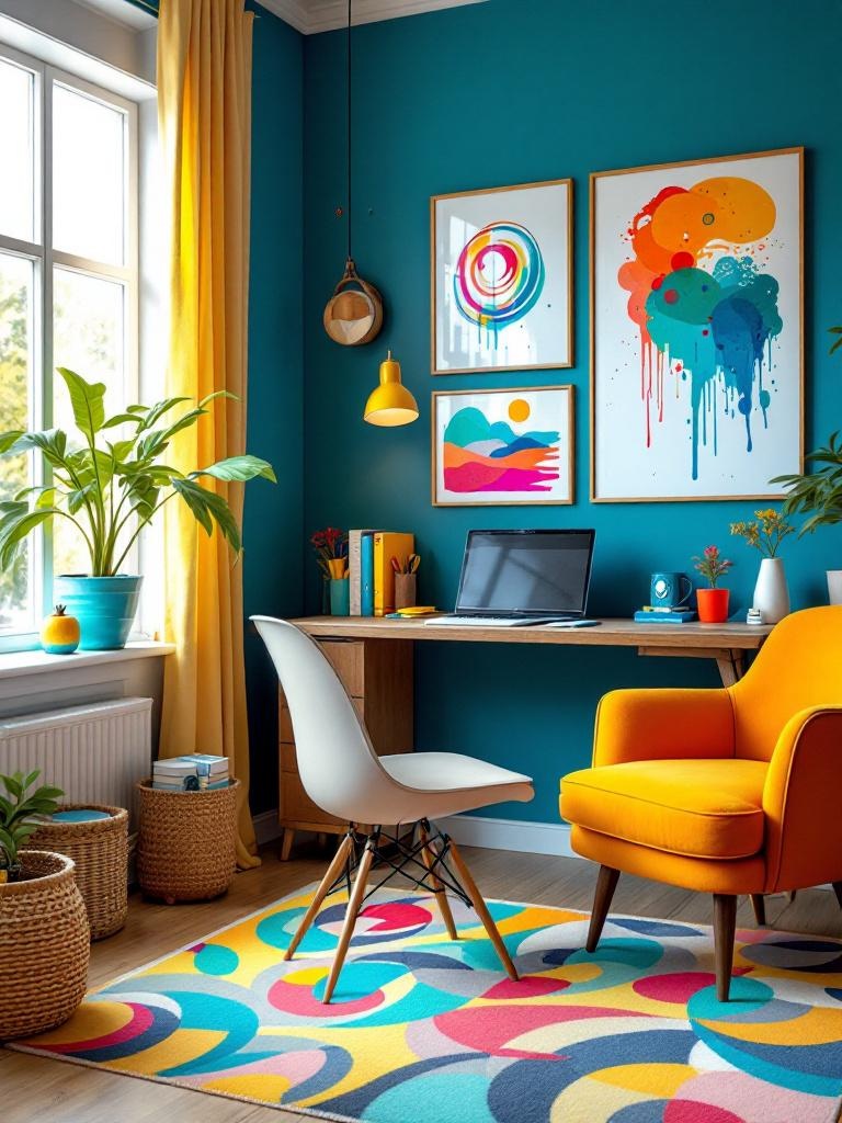 A vibrant home office with a bold accent wall, colorful artwork, and bright desk accessories.