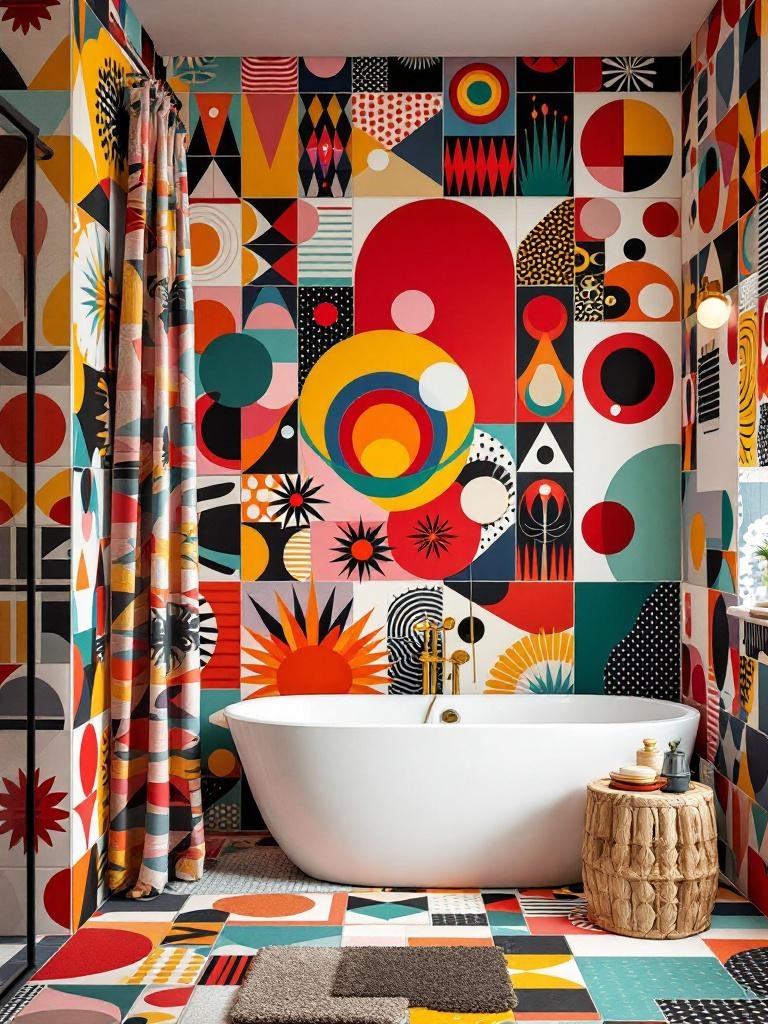 Bold colors and striking patterns in a vibrant bathroom with artistic tiles and chic tub.