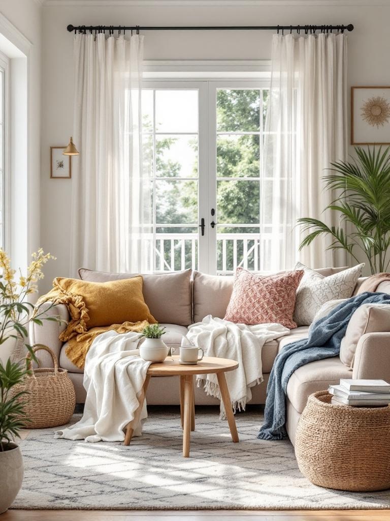 A cozy farmhouse living room featuring sheer curtains and light blankets, creating a breezy summer vibe.