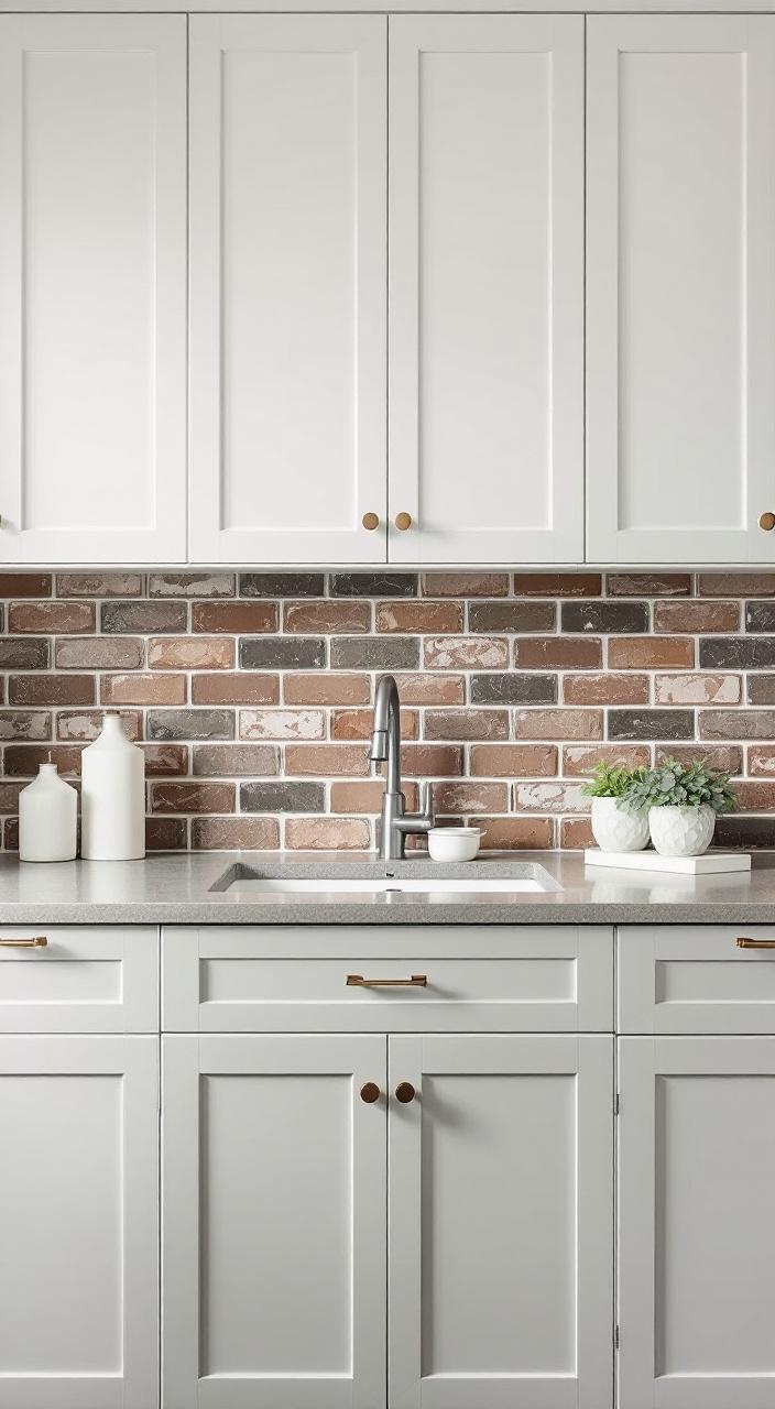 Glossy brick backsplash reflecting light, contrasting with matte cabinetry in a modern farmhouse kitchen.