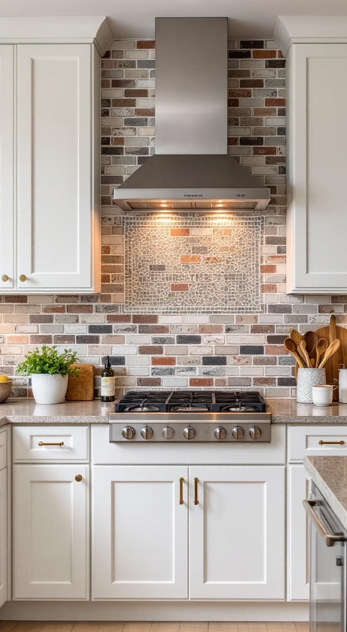 Brick backsplash featuring a mosaic design with various shades and textures for a creative kitchen focal point.