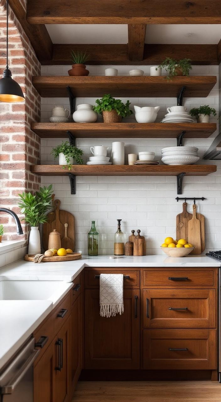 Kitchen featuring a harmonious blend of brick and wood elements, showcasing farmhouse design aesthetics.