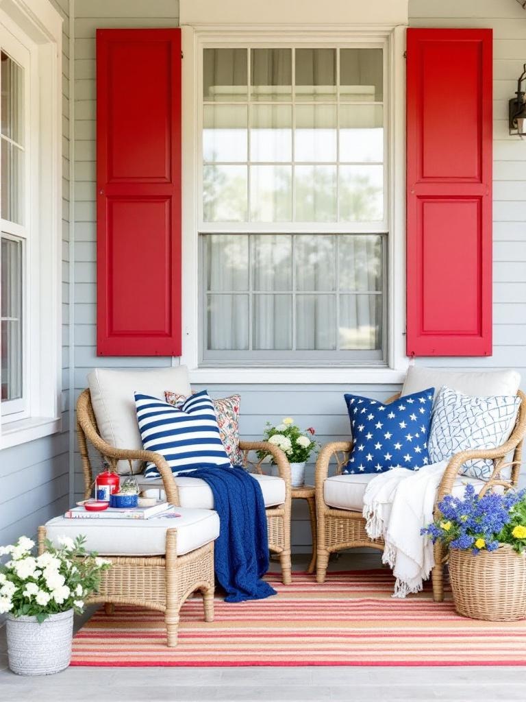 Bright cushions and throws in patriotic colors enhance porch seating for a festive Fourth of July atmosphere.