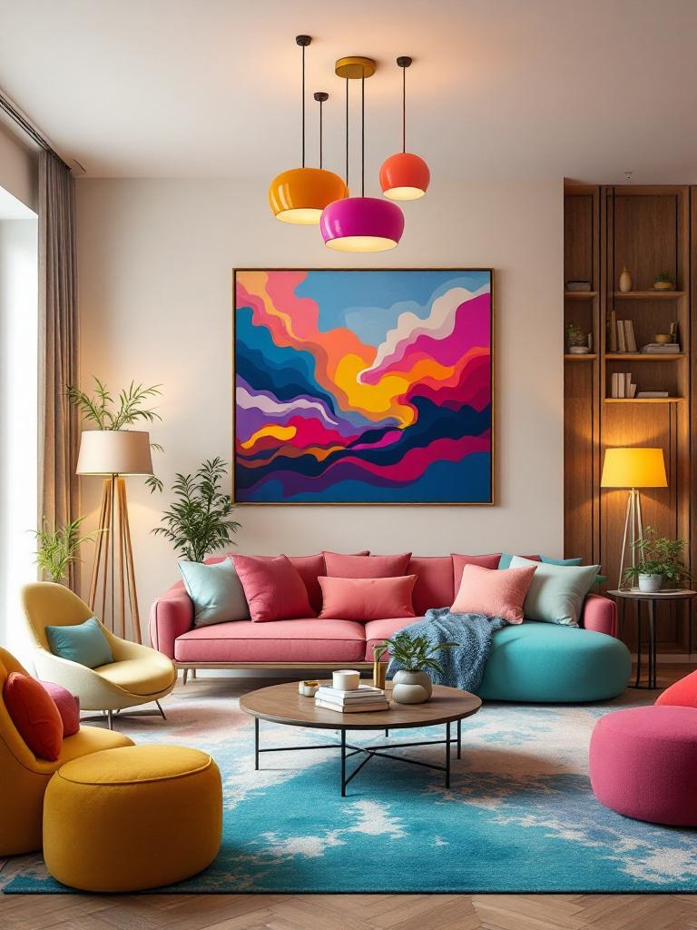 Colorful light fixtures and adjustable lighting create a vibrant and mood-enhancing living room atmosphere.