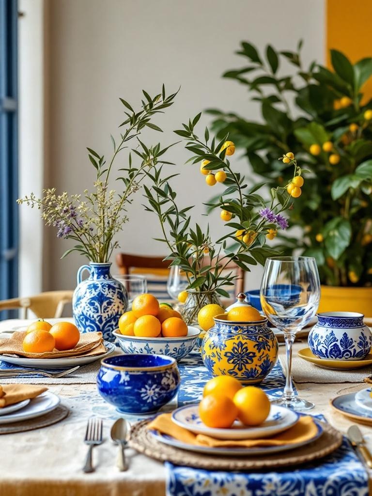 Vibrant Mediterranean tablescape with blue, yellow, terracotta colors, ceramics, and citrus centerpieces.