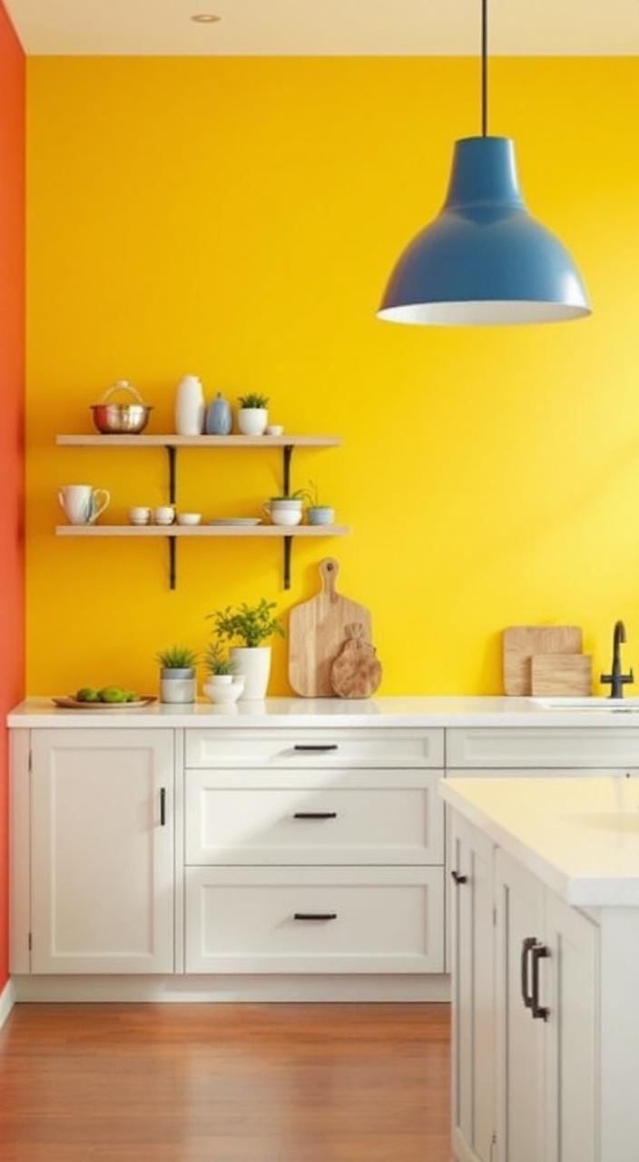 Brightly painted kitchen walls in bold colors, with an accent wall creating a dynamic focal point.