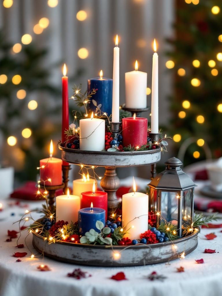Tiered tray with red, white, and blue candles of different heights, small lanterns, and fairy lights.