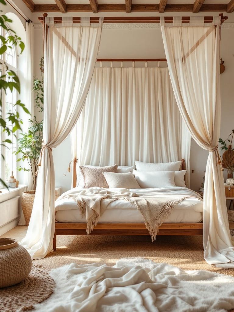 A cozy Boho bedroom with a canopy bed draped in sheer curtains, creating a romantic and dreamy atmosphere.