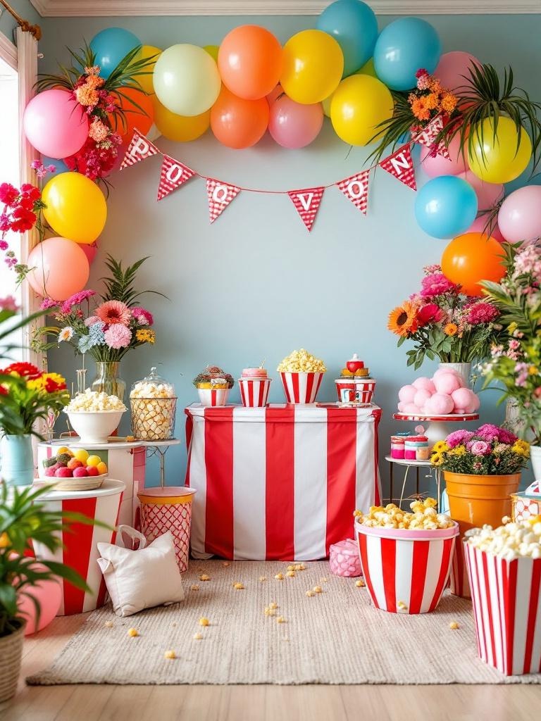 Colorful carnival-themed gender reveal with balloons, games, popcorn, and cotton candy, creating fun.
