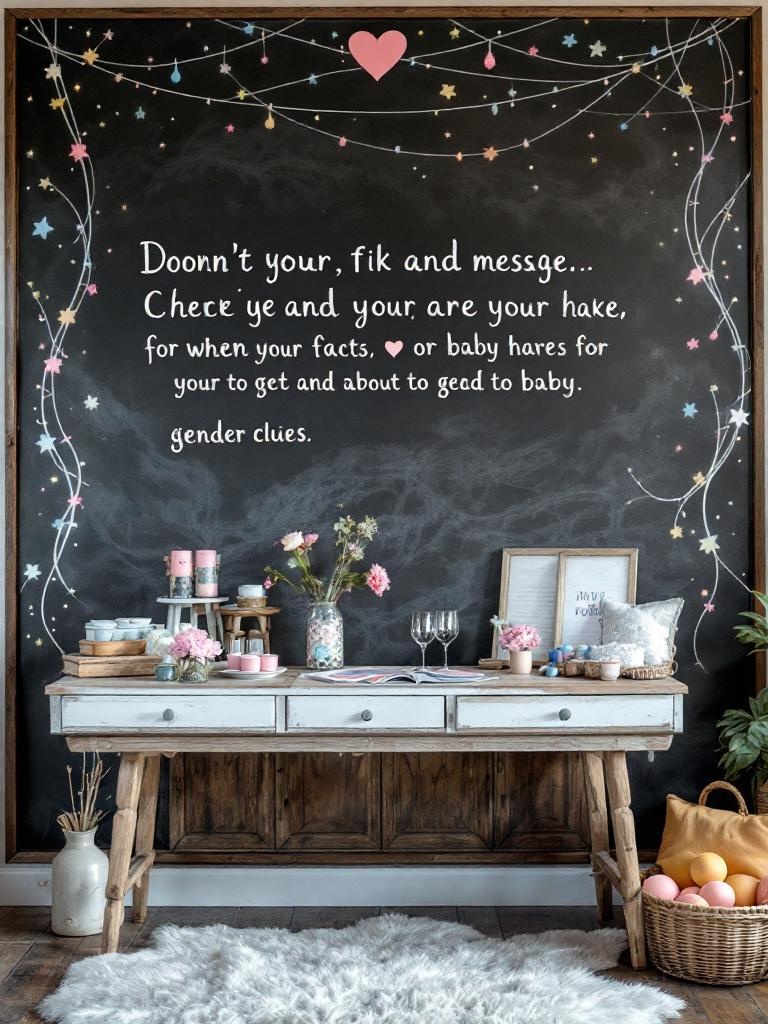Rustic chalkboard backdrop at a gender reveal party with colorful chalk messages and fun baby facts.
