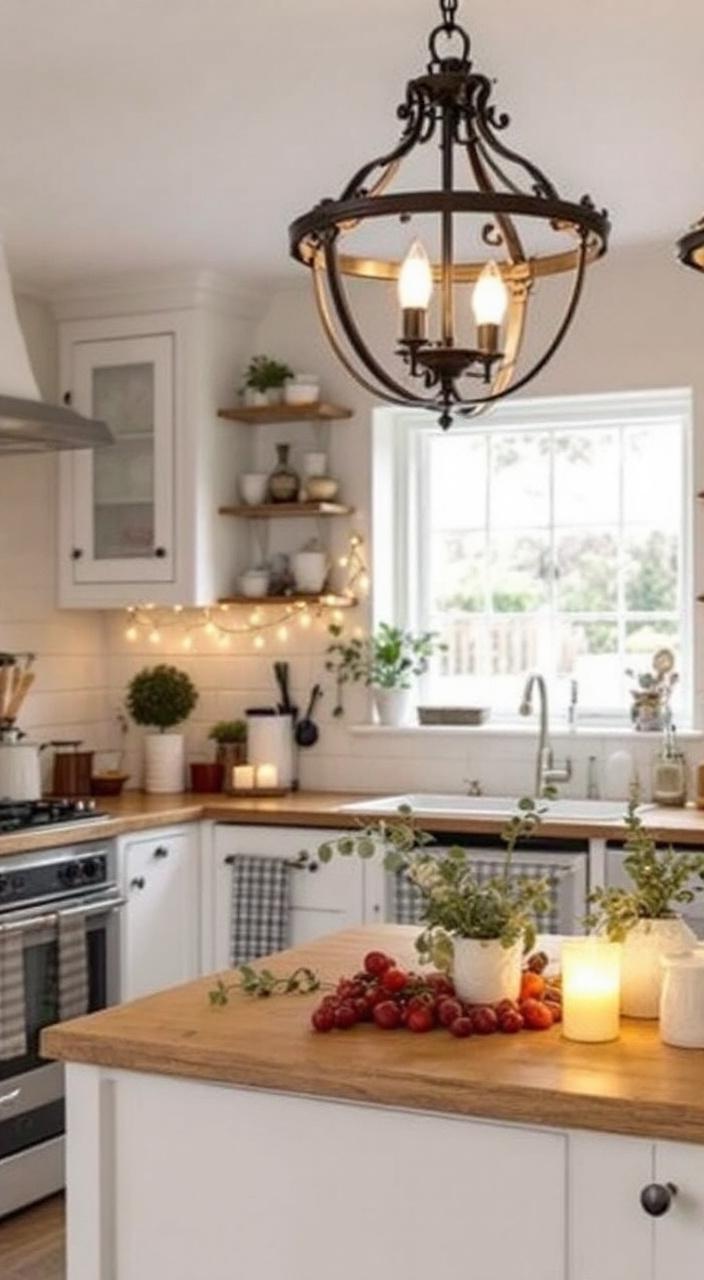 Cottage kitchen with wrought iron pendant lights, vintage chandeliers, fairy lights, and candles.