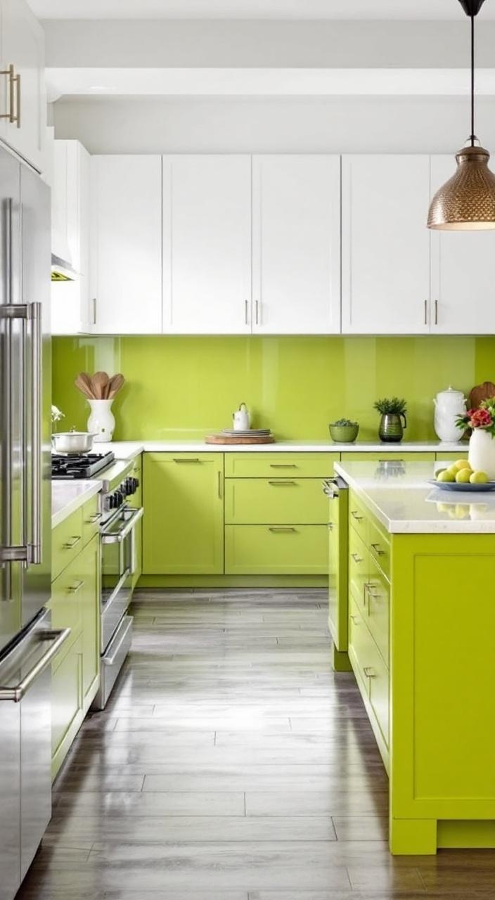 Chartreuse green cabinets in a neutral kitchen, adding bold accents and playfulness to the decor.