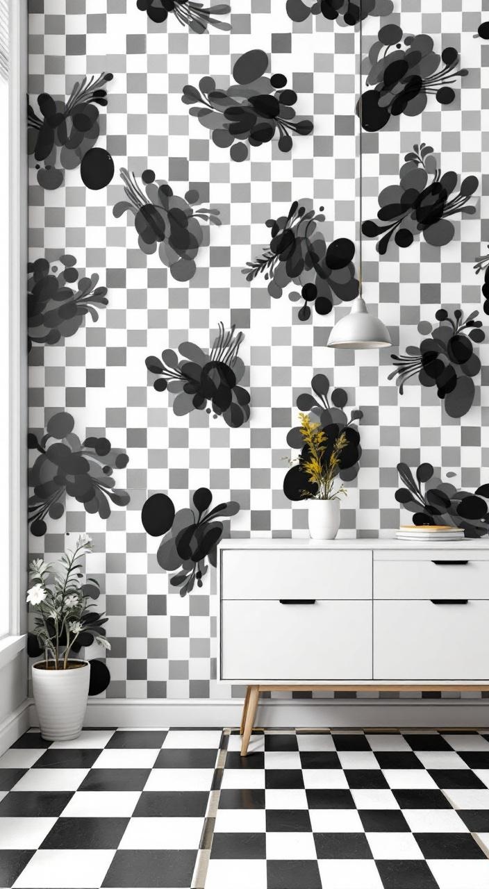Checkerboard wallpaper in bold colors adds a playful, retro touch to kitchens and playrooms.