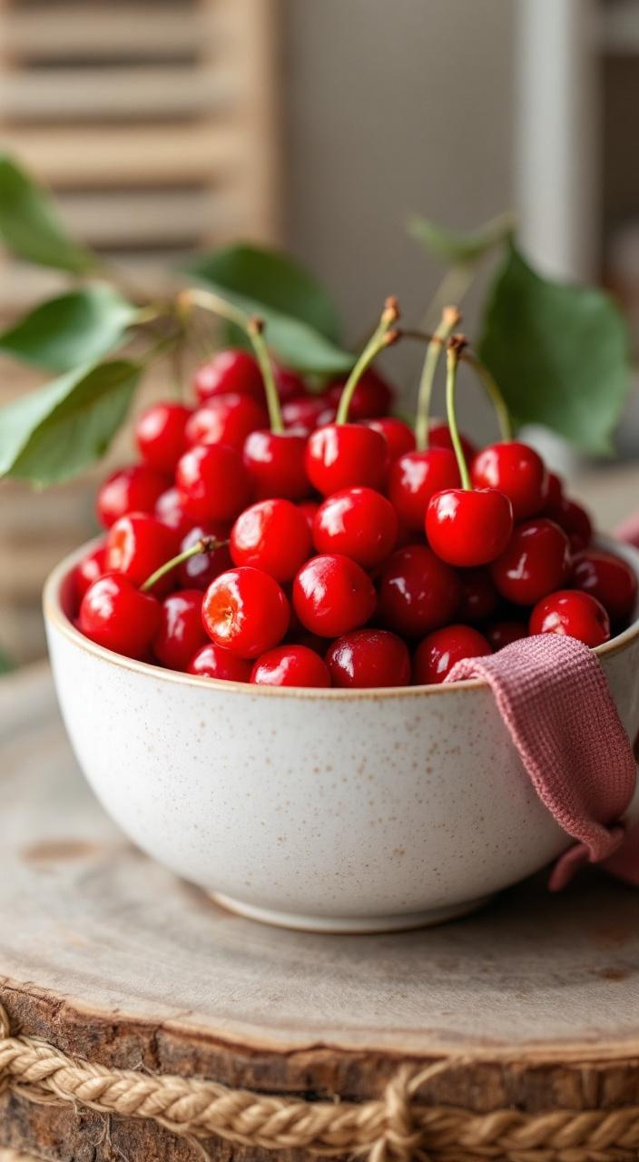 A stylish bedroom decor featuring colorful cherry accents with a bowl of cherries and scented candles.