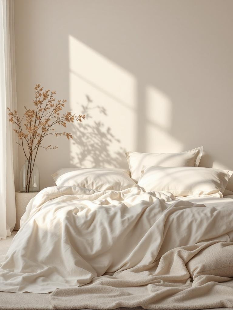 Ivory layered bedding and decor create a serene, sophisticated, and airy atmosphere for restful nights.
