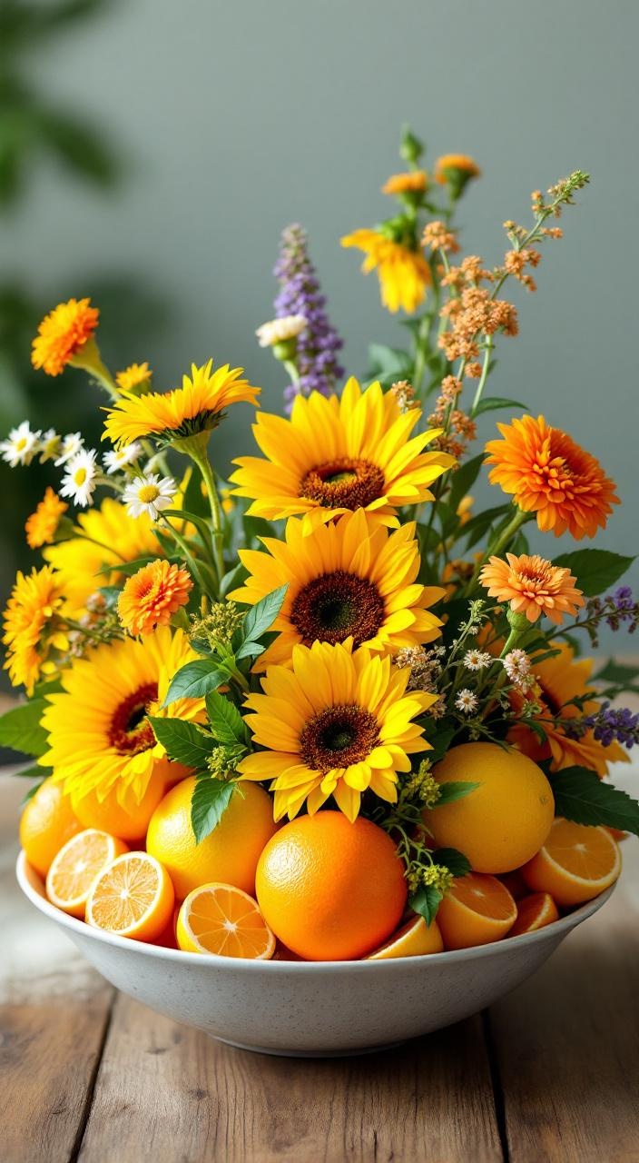 A floral centerpiece with lemon and orange slices, topped with sunflowers and marigolds for a vibrant look.