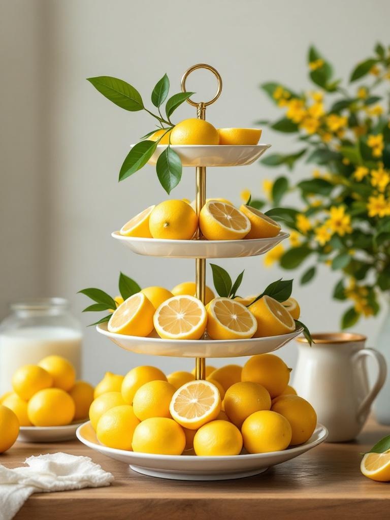 Multi-tiered stand displaying whole lemons below and sliced lemons above for an artistic presentation.